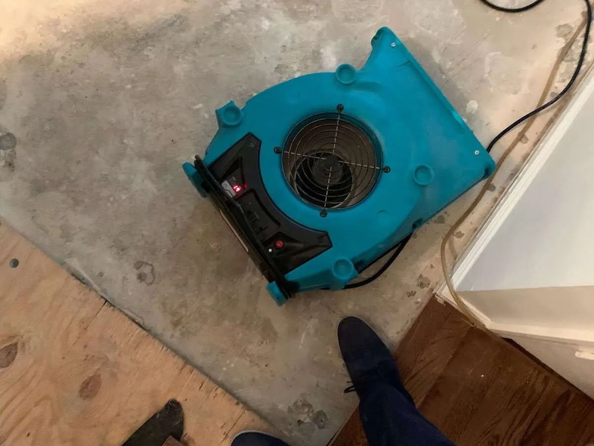 Air mover drying subfloor during Leak Detection & Repair in Ludington